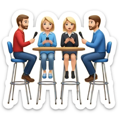 casual interview on stage, three people, facing each other, woman on the left, two men on the right, high chairs sticker