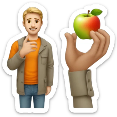 mann in linke hand mit apple rechte hand mit orange sticker