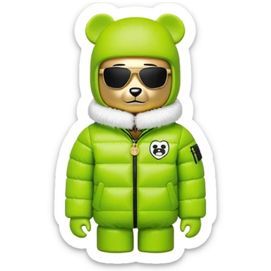 authentic cubic bearbrick figure with block head, wearing lime green balaclava with integrated black visor lens at eye area, oversized Supreme logo puffer jacket with large fur collar and fur trim, gold chains sticker
