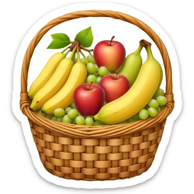A wicker basket filled with apples, grapes, and bananas.






































 sticker