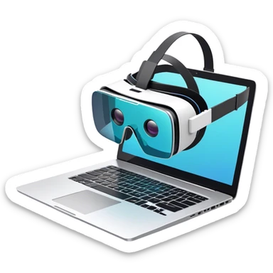 VR headset lying next to a laptop, connected by wires. On the laptop screen a VR/AR modeling program is opened. Floating 3D models or virtual objects. Modern, tech-inspired colors. No emojis or smiley faces. Transparent background. sticker