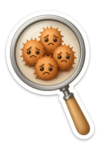 EMOJI STILE IPHONE DI una lente di ingrandimento che inquadra un cumulo di batteri intestinali tristi, IPERREALISTICO 4K sticker