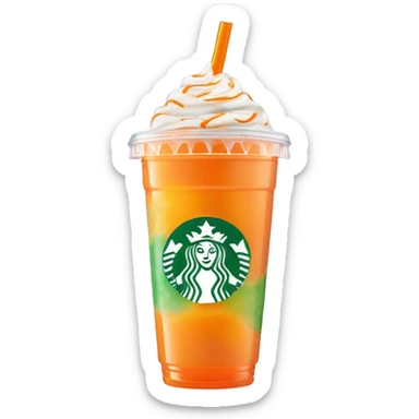 Realistic clear plastic cup with orange plastic Transluscent domed lid with orange and white swirled Frappuccino inside and green straw through the top of the lid. sticker