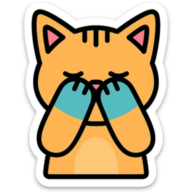cat covering its face with its paws, color outline icon style sticker