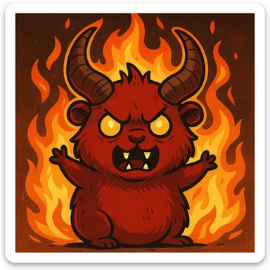 red guinea pig demon with large horns, surrounded by flames, cartoonish style sticker