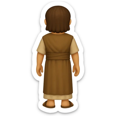 Back view, centered full body, facing away, classic emoji style of apostle Peter with short hair, no hood, arms down by sides, smiling, full beard, wearing long sleeve brown clothes with beige details, no background. The style should mimic classic emoji style. sticker