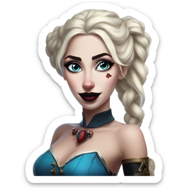 Arabic Elsa in Harley Quinn style, oil paint, mysterious eyes, intricate lips, masterpiece portrait, odd perspective, beautiful, desirable, logical sticker