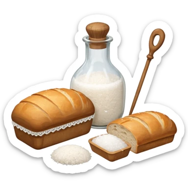 a one victorian bottle of salt and a loaf of bread - crochet needles and a ball of wool sticker