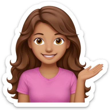 A pretty girl with tan skin and long wavy hair, wearing a pink basic shirt with brown eyes sticker