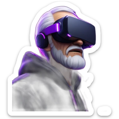 Russian old man wearing a black hoodie with "OMG" letters on it and VR headset in a cyberpunk VR environment with violet neon lighting. sticker