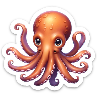 Cinematic Cute Octopus Portrait Emoji, Head tilted playfully and inquisitively, featuring a charming, rounded body with soft, shimmering skin and eight expressive, gently curling arms with playful suckers, with round, sparkling eyes full of wonder, Simplified yet irresistibly adorable features, highly detailed, glowing with a warm, inviting underwater glow, high shine, affectionate and lively, stylized with a touch of whimsical marine charm, soft glowing outline, capturing the essence of a mischievous yet loving octopus that seems as if it could float out of the screen into your arms! sticker