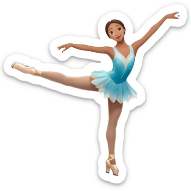 An icon showing a graceful figure skater mid-spin on a sparkling ice rink, arms extended in an elegant pose. The background features soft lights, festive decorations, and an audience in a cozy arena. Transparent background highlights beauty and artistry of figure skating sticker