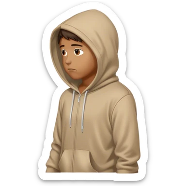 Tan person with hoodie on looking sad and walking with hands in his hoodie, viewed from the side sticker
