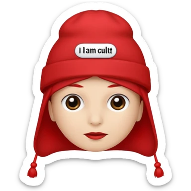 Red hat with no person in it that says "I AM IN A CULT" in white text sticker