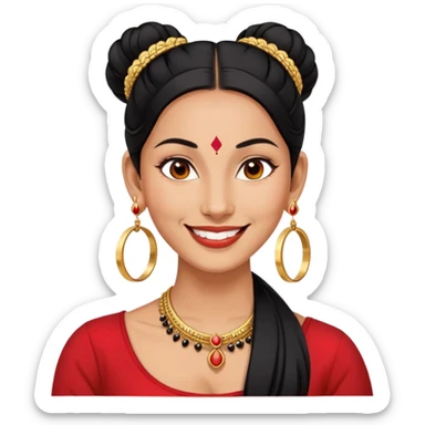 Phụ nữ 35 tuổi, da vàng, tóc buộc dài màu đen, có chấm đỏ bindi trên trán, mặt cười tươi, đeo khuyên tai tròn to bằng vàng, nửa thân trên sticker