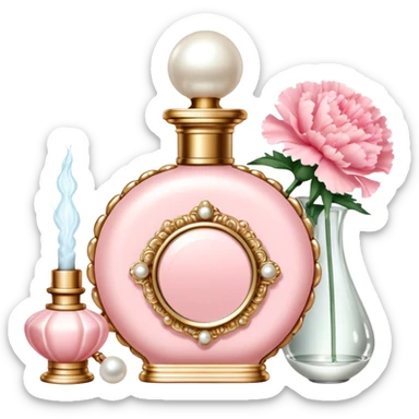 "An ornate Shell Pink perfume bottle with an atomizer, surrounded by Pearl Pink carnations. A string of pearls and a vintage mirror enhance the old Hollywood charm." sticker