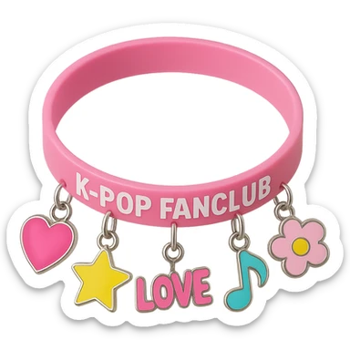 pink kpop fan club bracelet with charms, fun and collectible sticker
