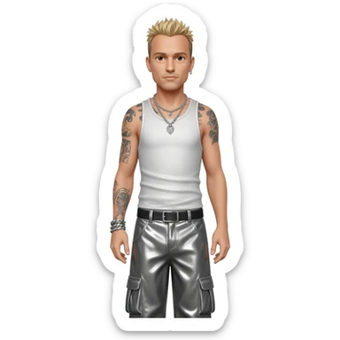Chester Bennington with brown eyes, blonde hair, white metallic tank top, gray metallic baggy pants, silver necklace sticker