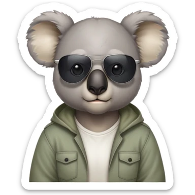 anthropomorphised koala, head and shoulders, casual clothing, dark sunglasses, fierce expression with different look sticker