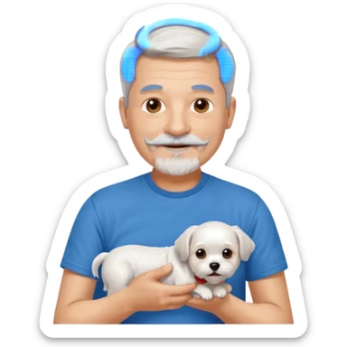 handsome gentleman, 60 years old, very short silver hair, beard, sideburns and moustache, wearing a blue t-shirt, smiling and holding a maltese dog sticker
