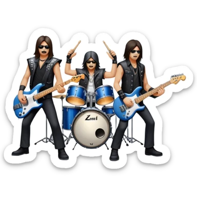 Icon for Metal Music: metal band on stage with 4 musicians playing electric guitars, bass, and drums. The atmosphere is intense, with flashing lights, smoke, and energetic stage presence. The vibe is powerful and electric. Transparent background. sticker