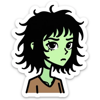 zombie girl with shoulder-length hair in transition, pale green skin, dark circles around eyes, messy hair sticker