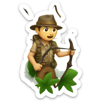 Hunter with a bow looking at an animal hiding behind leaves sticker