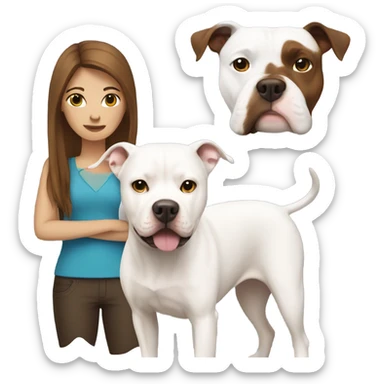 white woman with straight long brown hair standing alongside a white pitbull sticker