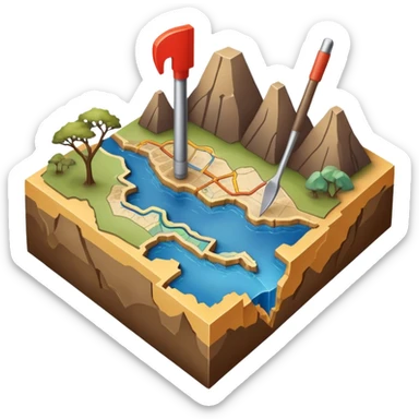 An icon featuring a crowbar and a geological map, and layers of Earth’s crust, symbolizing geology. The design includes mineral samples, fossils, and tectonic plates, representing the study of Earth’s structure and natural processes. Transparent background highlights geological exploration sticker