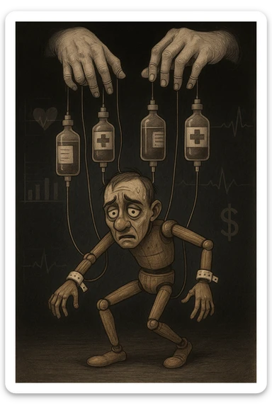 a marionette puppet with hospital bracelets and medication bottles as strings is controlled by unseen hands from above. The puppet’s face shows confusion and fatigue, representing the feeling of being managed by an invisible system. The background is dark, with faint images of medical charts and dollar signs. in italiano sticker