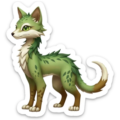 Kawaii cool edgy brown beige white fantasy ethereal feline-vernid-sergal-fursona animal creature with a tufted tail full body with intricate markings, hazel-gold-green eyes sticker