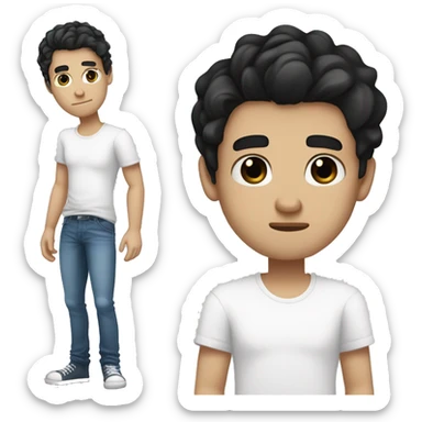 A guy with pale skin, black eyes, tired look, tousled black hair, in a white T-shirt and blue jeans, barefootA guy with pale skin, dark circles under his eyes, black eyes, tired look, tousled black hair, in a white T-shirt and blue je sticker