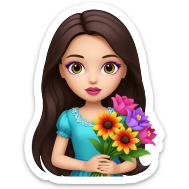  pretty bratz doll with makeup , long dark brown hair holding big bouquet of flowers  sticker