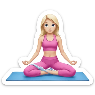  long blown out blonde hair woman blue eyes wearing pink workout set doing pilates sticker