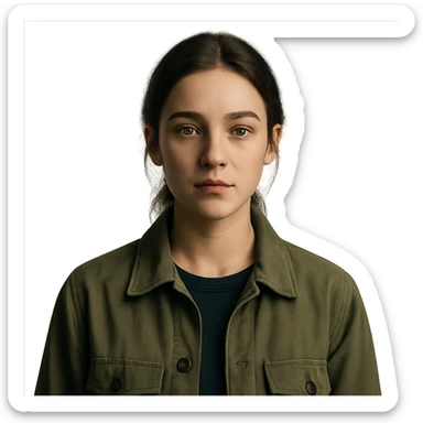 Create a centered portrait of the same woman with a calm expression, transparent background, in the style of a Netflix series. sticker