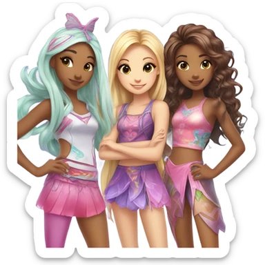 Four best friends girls clubbing in cute fairy outfits, all girls apart from one mixed race heritage: Chinese and white, winx inspired outfits and cute hair and fun accessories  sticker