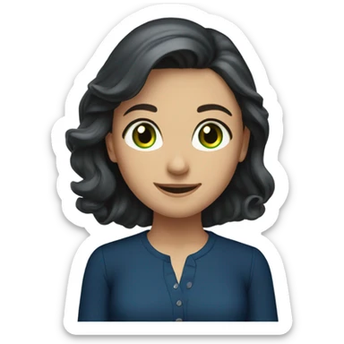 a brunette with long hair and green eyes in a dark blue blouse smiles sweetly sticker