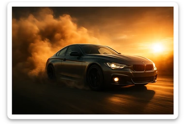 a car accelerating quickly, dust rising from the tarmac, dynamic motion, dramatic scene sticker