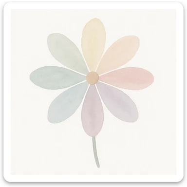 A seven-petal flower with each petal in a different pastel color, watercolor painting style. sticker