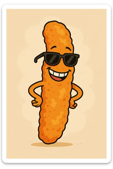 cartoon-style Cheeto with a smiling face and sunglasses, bright orange, fun and playful sticker