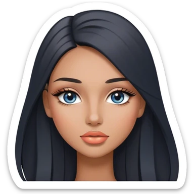 Glamours, tanned, very beautiful girl, with big pump peach-beige-rose lips, long long lashes, black straight smooth silky long hair, straight parting hair, blue-grey eyes sticker