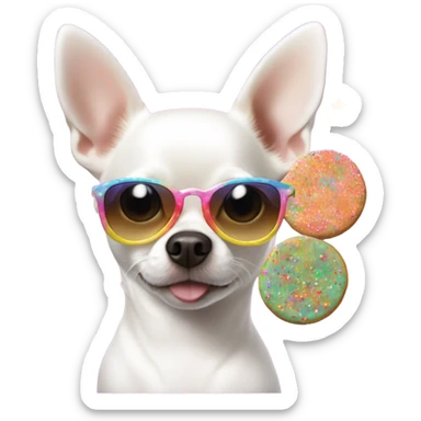 White Chihuahua with aviator sunglasses and a sprinkle cookie sticker