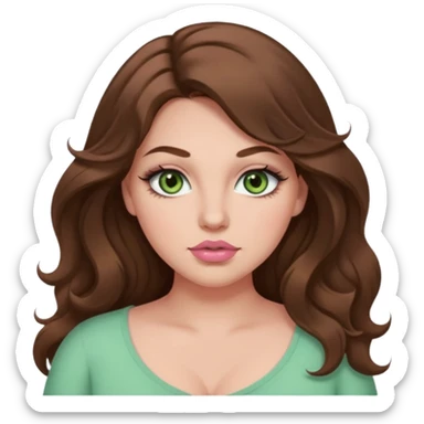 Girl girl long wavy brown hair, pale green eyes, plus size, thick eyelashes, tan skin, pale pink lips sticker