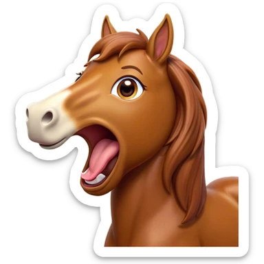 Cinematic Cute Yawning Chestnut Horse Portrait Emoji, Head tilted slightly with a dramatic, wide-open yawn, revealing a smooth chestnut fur with a subtle shimmer, floppy ears slightly drooping, round amber eyes barely open in drowsy contentment, Simplified yet irresistibly adorable features, highly detailed, glowing with a soft, cozy glow, high shine, relaxed yet expressive, stylized with a touch of equine whimsy, bright and endearing, soft glowing outline, capturing the essence of a sleepy yet affectionate horse, so drowsy it feels like it could stretch out of the screen and curl up for a nap! sticker