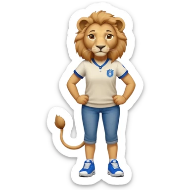 friendly anthropomorphised female lion wearing a baseball shirt, jeans, trainers, standing upright with arms folded, looking strong and confident sticker