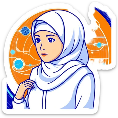 woman with white hijab in blue outfit, gazing forward, encircled by futuristic holographic screens displaying AI visualizations, quantum data patterns, circuit networks, high-tech metaverse elements sticker