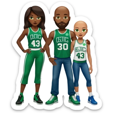 48-year-old dark skin black woman with brown eyes, long dark brown hair dressed in sexy 
celtics jersey costume outfit wearing stilettos. A bald white man with ginger beard. he has blue/green  eyes, wearing a Jason Tatum Boston Celtics Jersey, jeans & green Nike sneakers  sticker