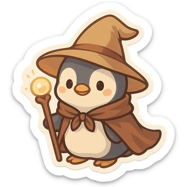 a penguin dressed as a wizard, with a pointy hat and a magic staff, in a fun and whimsical style sticker
