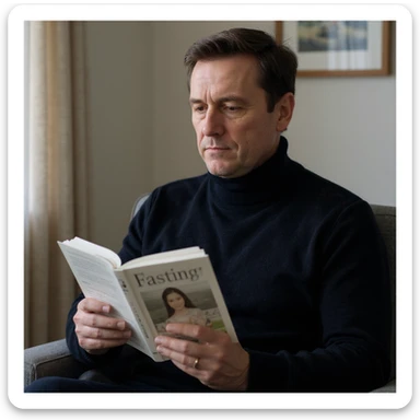 Vertical 2:3 photograph inspired by the reference image, featuring an elegant man in a black sweater, fasting theme. The man is reading a book about fasting, with the cover visible showing the word 'Fasting', in a domestic environment. Realistic style, clearly conveying the concept of fasting. sticker