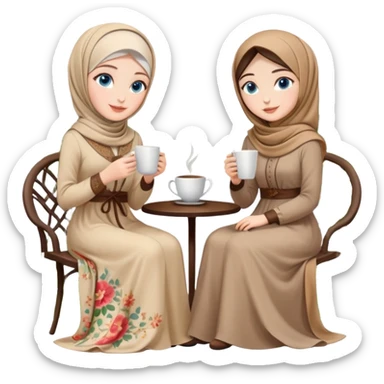Turkish beautiful finish Konya girls blue eyes with Beautiful beige floral hijab long tail dress and the two friends in a lovely garden sits on the chair on the ground and holds cup coffe with her hand  sticker